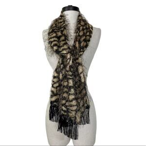 Animal print fringed eyelash scarf, brown & black long rectangle wrap or shawl